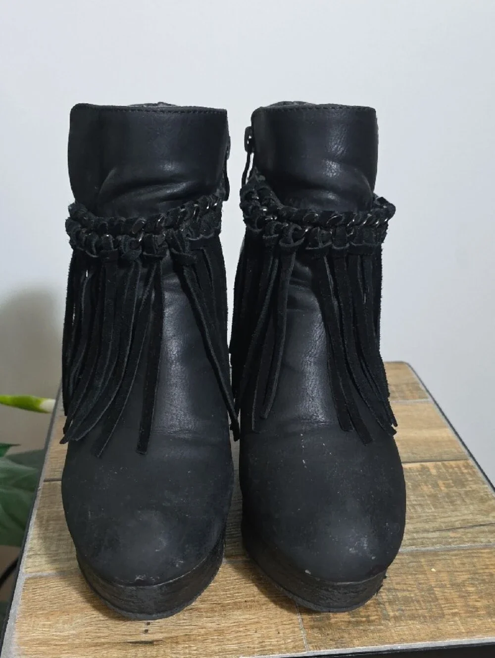 Womens Black Fringe Wedge Booties